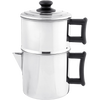 Handcrafted stainless steel non-electric drip coffee maker with black handles and lid knob, perfect for sustainable brewing in farm, garden, kitchen, and homesteading collections.