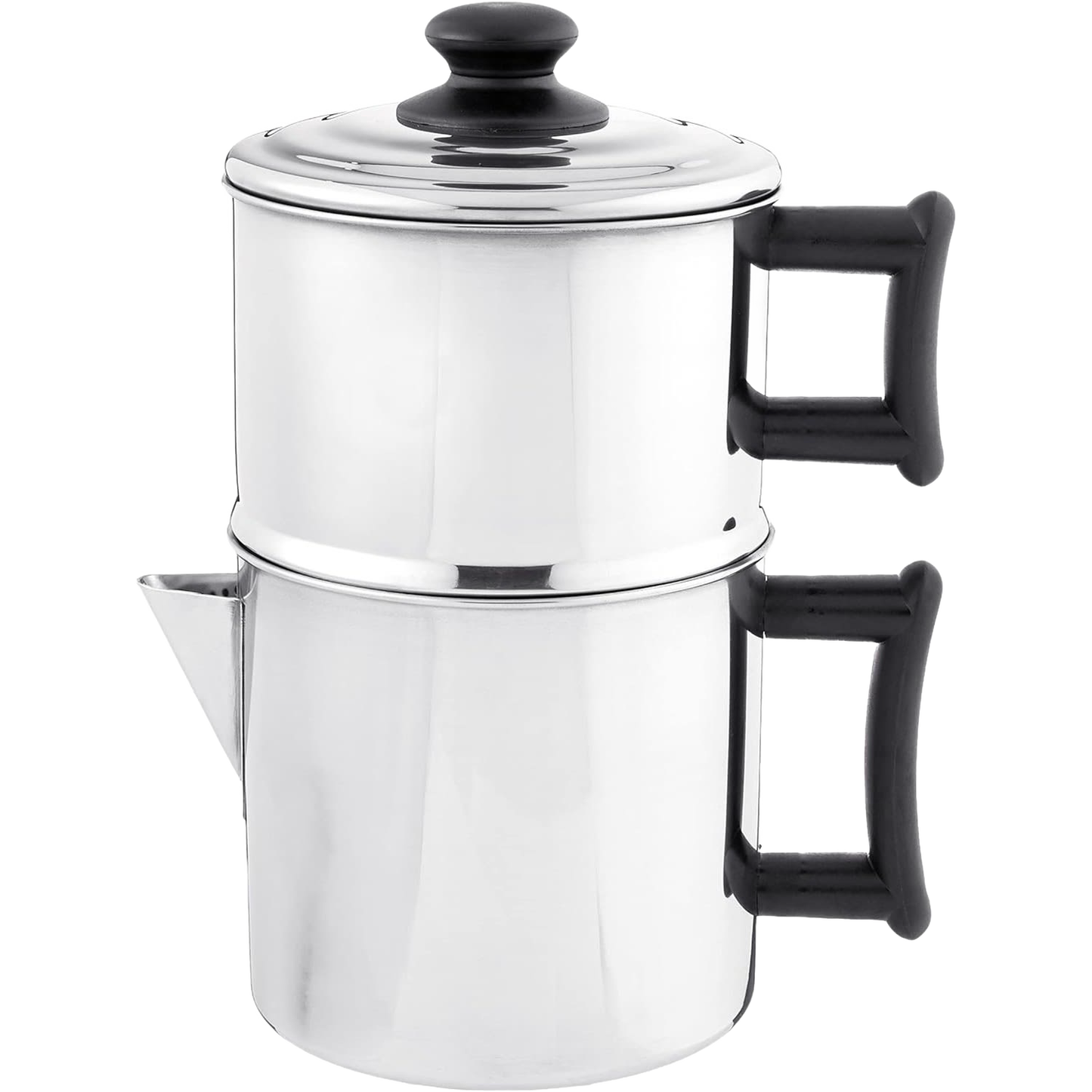Handcrafted stainless steel non-electric drip coffee maker with black handles and lid knob, perfect for sustainable brewing in farm, garden, kitchen, and homesteading collections.