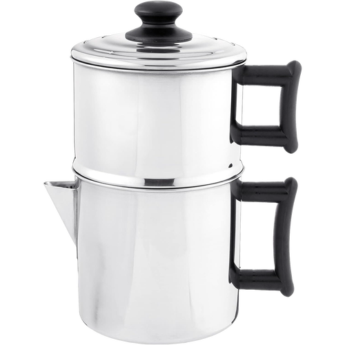 Handcrafted stainless steel non-electric drip coffee maker with black handles and lid knob, perfect for sustainable brewing in farm, garden, kitchen, and homesteading collections.