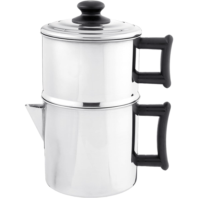 Handcrafted stainless steel non-electric drip coffee maker with black handles and lid knob, perfect for sustainable brewing in farm, garden, kitchen, and homesteading collections.