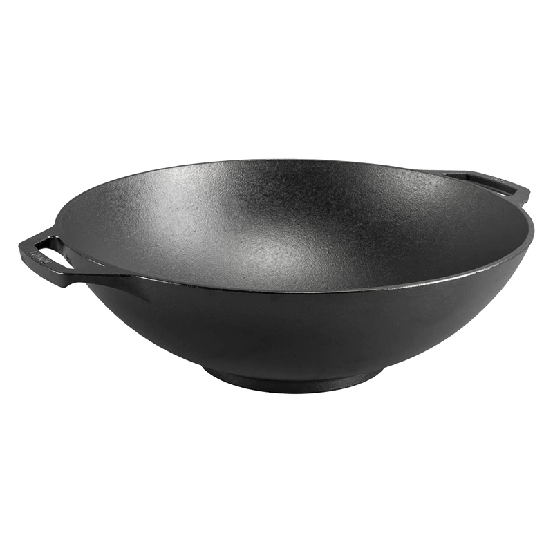 Wide-based cast iron wok with deep, bowl-shaped design and two handles for balanced cooking, offering exceptional heat retention; part of Kitchen & Food and Cast Iron collections.