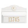 Elegant handcrafted white wall mount mailbox with gold house number and monogram, made in USA and featured in Home & Decor, Mailboxes and Address Signs collections.