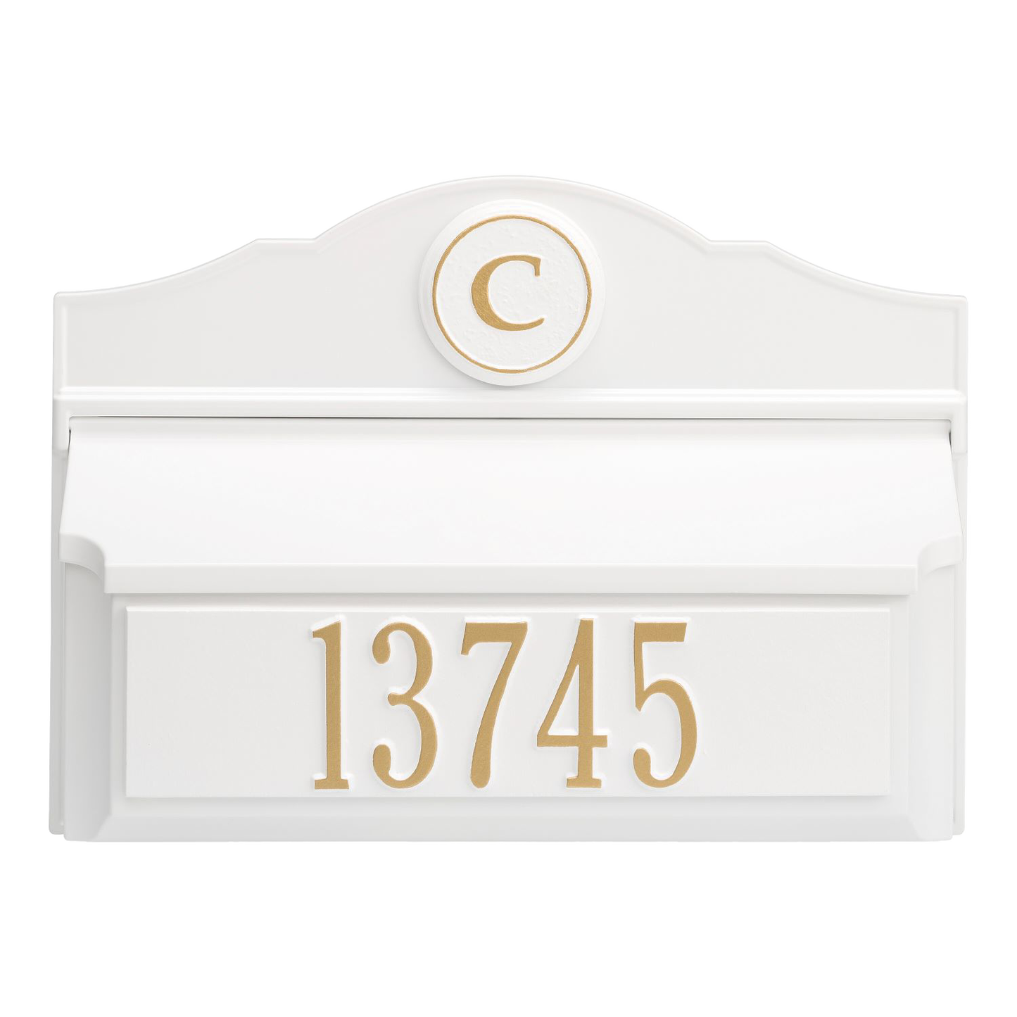 Elegant handcrafted white wall mount mailbox with gold house number and monogram, made in USA and featured in Home & Decor, Mailboxes and Address Signs collections.