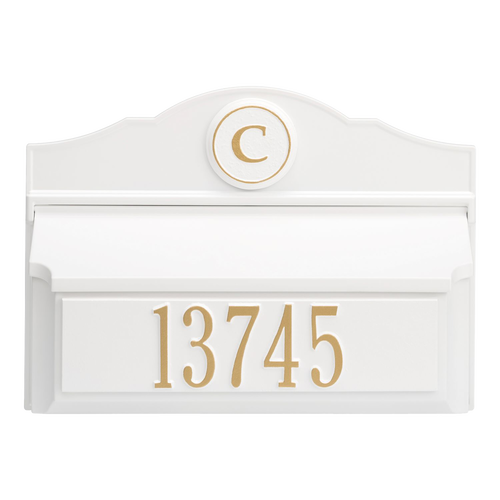 Elegant handcrafted white wall mount mailbox with gold house number and monogram, made in USA and featured in Home & Decor, Mailboxes and Address Signs collections.