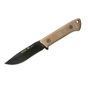 Fixed blade camping knife with durable Cerakote-coated drop point blade and textured tan handle, handcrafted and made in USA, ideal for outdoor, farm, garden, and tool use.