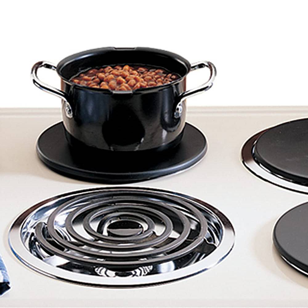 Handcrafted induction heat diffuser plate made in the USA, placed on an electric coil burner with a black pot of cooked beans, ideal for Kitchen Gadgets, Cooking and Baking Helpers, and Best Sellers collections.