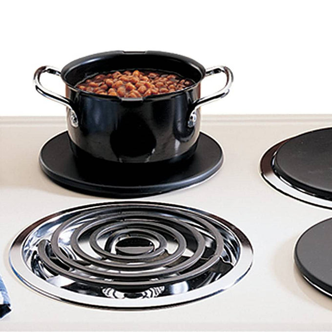 Handcrafted induction heat diffuser plate made in the USA, placed on an electric coil burner with a black pot of cooked beans, ideal for Kitchen Gadgets, Cooking and Baking Helpers, and Best Sellers collections.