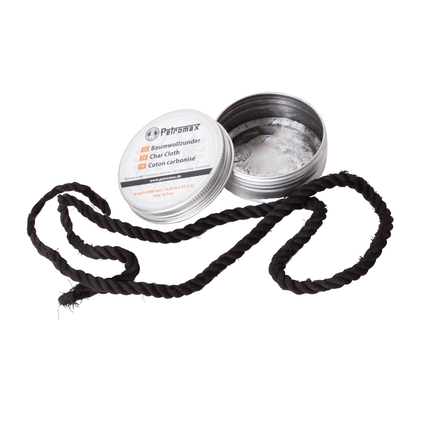 Round metal tin with a white label containing black char cloth tinder strips, designed for reliable fire starting, featured in Farm, Garden & Tool, Camping, Best Sellers, and Promo Eligible collections.