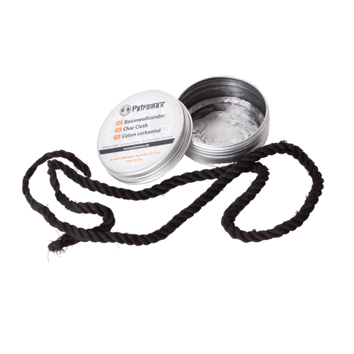 Round metal tin with a white label containing black char cloth tinder strips, designed for reliable fire starting, featured in Farm, Garden & Tool, Camping, Best Sellers, and Promo Eligible collections.
