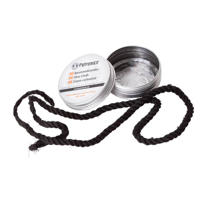 Round metal tin with a white label containing black char cloth tinder strips, designed for reliable fire starting, featured in Farm, Garden & Tool, Camping, Best Sellers, and Promo Eligible collections.