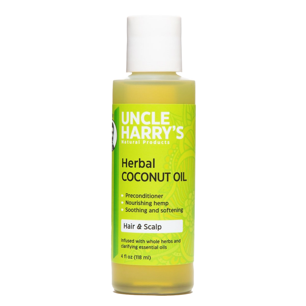 Handcrafted 4 oz bottle of herbal coconut oil for hair and scalp with nourishing hemp and essential oils, made in USA, featured in Health & Wellness and Grooming collections.