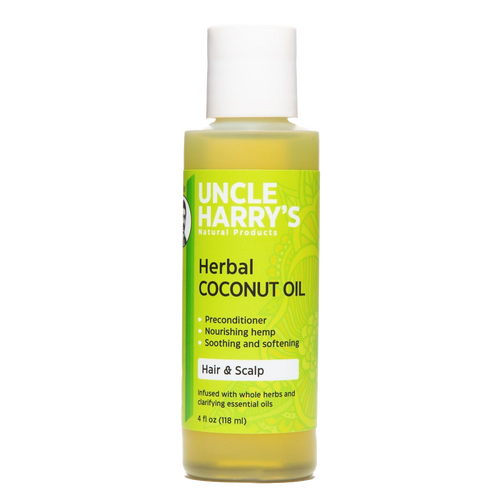Handcrafted 4 oz bottle of herbal coconut oil for hair and scalp with nourishing hemp and essential oils, made in USA, featured in Health & Wellness and Grooming collections.