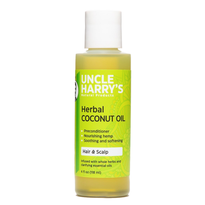 Handcrafted 4 oz bottle of herbal coconut oil for hair and scalp with nourishing hemp and essential oils, made in USA, featured in Health & Wellness and Grooming collections.