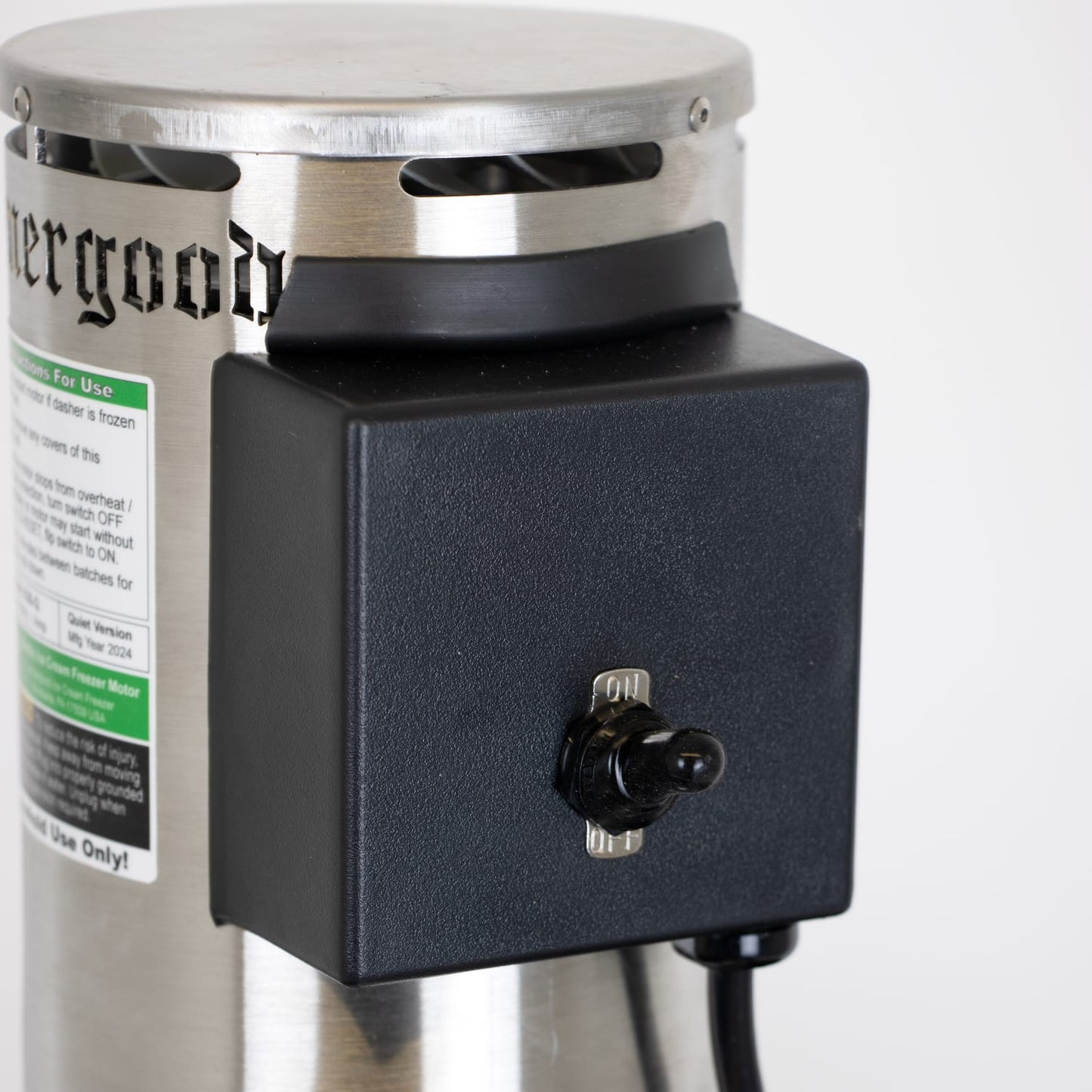 Close-up of the electric motor housing and power switch on an insulated fiberglass ice cream freezer, featured in Kitchen & Food, Specialty Equipment, Making Ice Cream, Best Sellers, Promo Eligible collections.