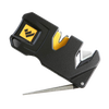 Compact handheld knife sharpener with black and yellow ergonomic body, featuring multiple sharpening slots and a fold-out metal sharpening rod, ideal for farm, garden, and kitchen use.