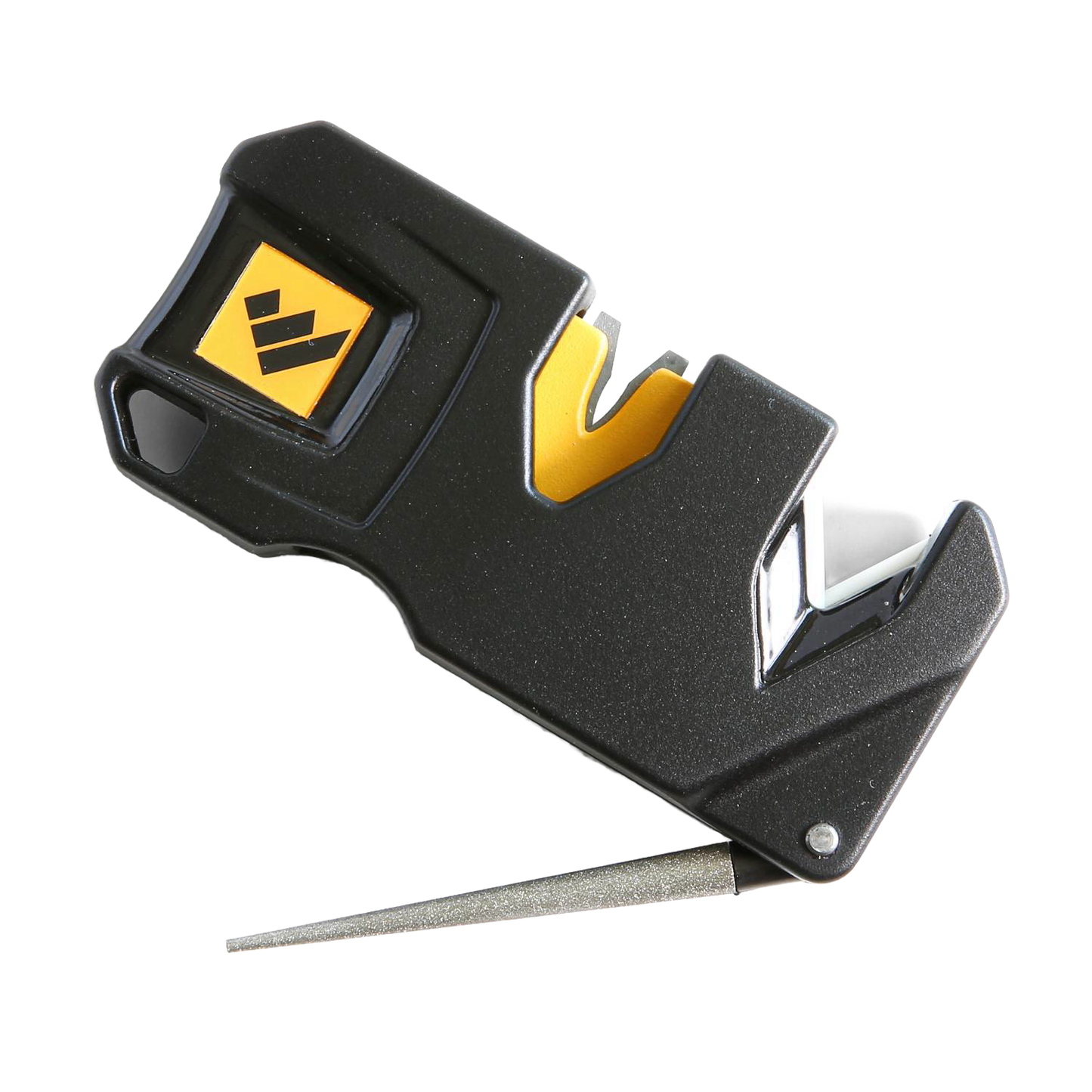 Compact handheld knife sharpener with black and yellow ergonomic body, featuring multiple sharpening slots and a fold-out metal sharpening rod, ideal for farm, garden, and kitchen use.