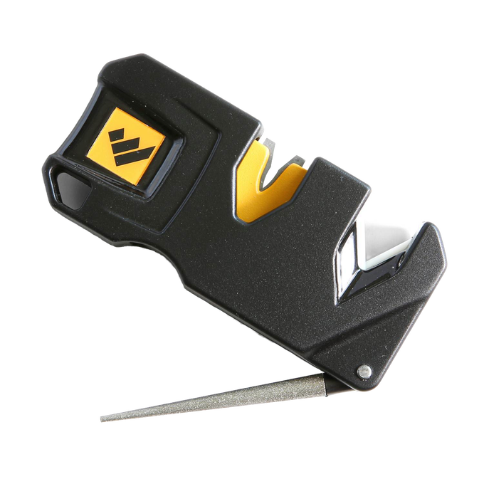 Compact handheld knife sharpener with black and yellow ergonomic body, featuring multiple sharpening slots and a fold-out metal sharpening rod, ideal for farm, garden, and kitchen use.