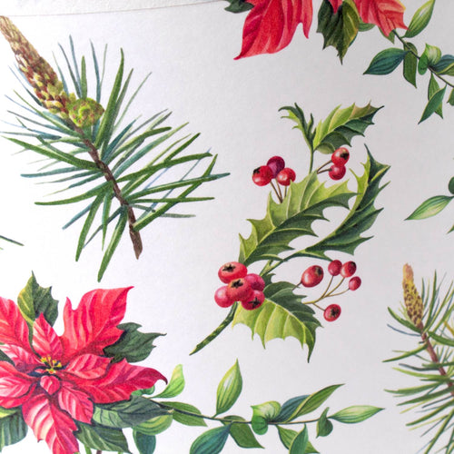 Festive parchment lamp shade featuring detailed illustrations of pine branches, holly leaves with red berries, and vibrant poinsettia flowers, ideal for holiday lighting in Lamps & Lighting and Lamp Shades collections.