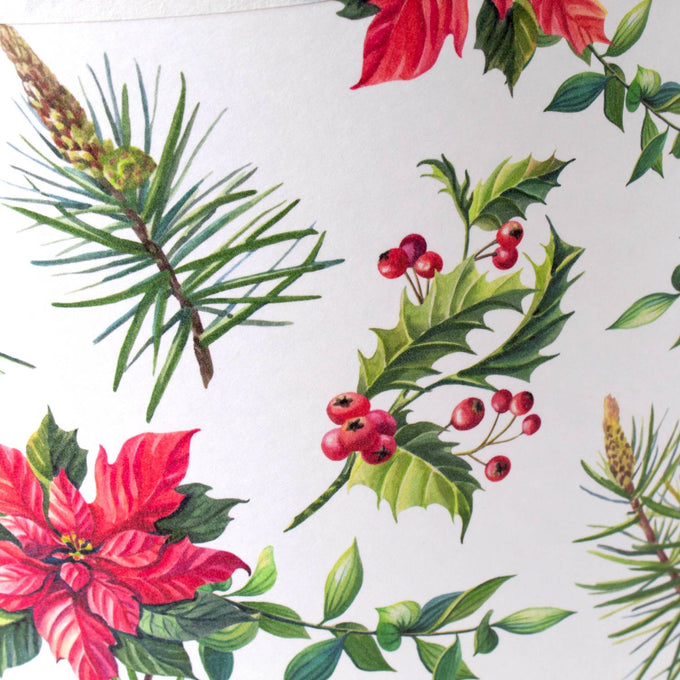 Festive parchment lamp shade featuring detailed illustrations of pine branches, holly leaves with red berries, and vibrant poinsettia flowers, ideal for holiday lighting in Lamps & Lighting and Lamp Shades collections.