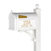 White and gold custom mailbox with decorative post, featuring elegant street address numbers, crafted in USA and fitting for Home & Decor and Mailboxes collections.