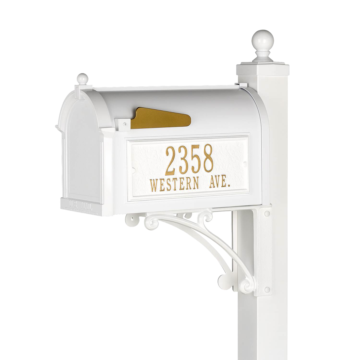 White and gold custom mailbox with decorative post, featuring elegant street address numbers, crafted in USA and fitting for Home & Decor and Mailboxes collections.