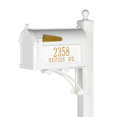 White and gold custom mailbox with decorative post, featuring elegant street address numbers, crafted in USA and fitting for Home & Decor and Mailboxes collections.