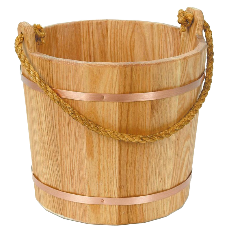 Handcrafted wooden bucket with kiln-dried oak slats, burnished copper-colored metal bands, and a sturdy handmade sisal rope handle, featured in Farm, Garden & Tool and USA Made collections.