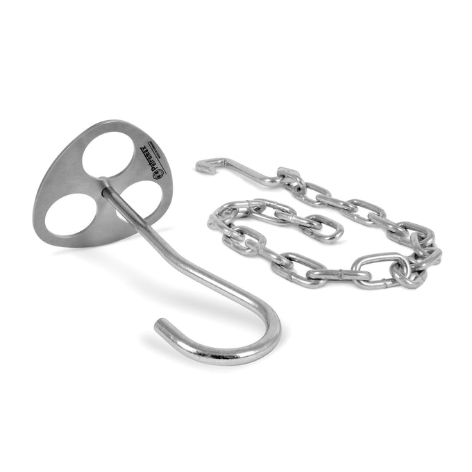 Durable stainless steel tripod lashing disc with attached hook and chain, designed for securing branches in outdoor cooking setups, featured in Farm, Garden & Tool, Camping, Best Sellers, and Promo Eligible collections.