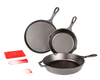 Set of three cast iron skillets and griddle with two red silicone handle holders and pot holder, perfect for cooking and homesteading in Farm, Garden & Tool and Kitchen & Food collections.