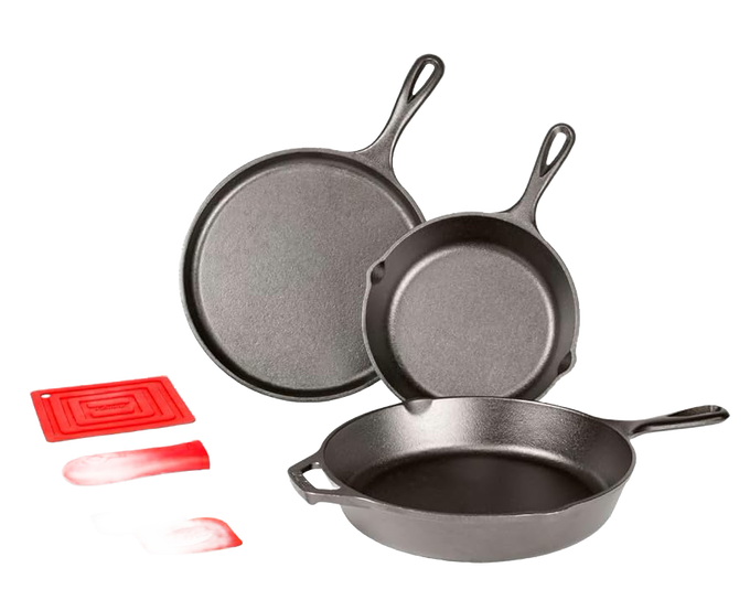 Set of three cast iron skillets and griddle with two red silicone handle holders and pot holder, perfect for cooking and homesteading in Farm, Garden & Tool and Kitchen & Food collections.