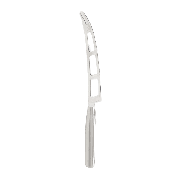 Lightweight soft cheese knife with vented stainless steel blade and forked tip, designed to slice brie, mozzarella, and goat cheese without sticking, ideal for Kitchen & Food and Food Prep collections.