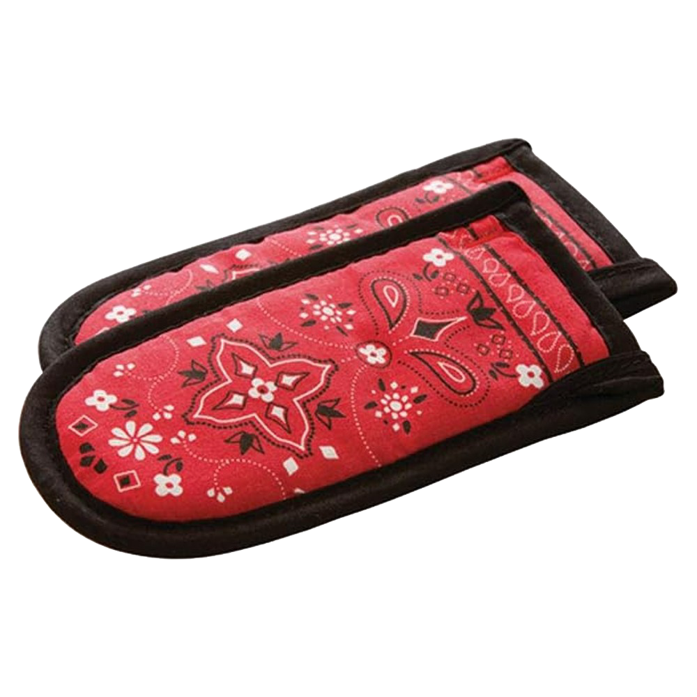 Set of two heavily padded handle covers in red bandana pattern with black trim, designed for heat protection up to 350°F, ideal for Kitchen & Food, Cookware, Cast Iron, and Best Sellers collections.