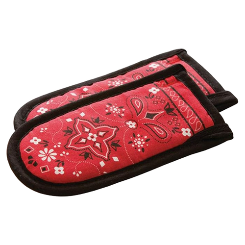Set of two heavily padded handle covers in red bandana pattern with black trim, designed for heat protection up to 350°F, ideal for Kitchen & Food, Cookware, Cast Iron, and Best Sellers collections.