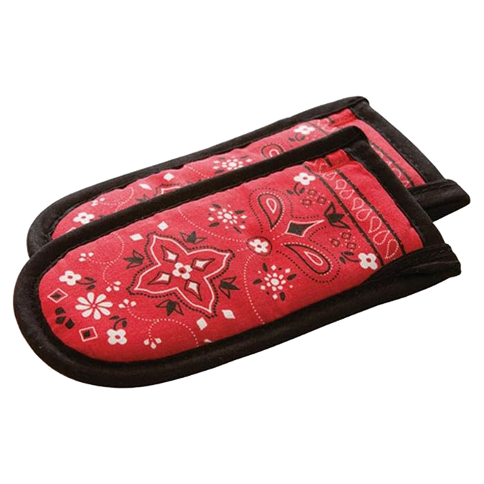 Set of two heavily padded handle covers in red bandana pattern with black trim, designed for heat protection up to 350°F, ideal for Kitchen & Food, Cookware, Cast Iron, and Best Sellers collections.