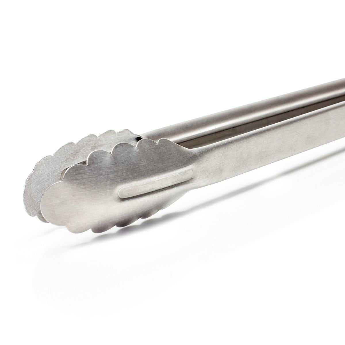 Brushed stainless steel barbecue and coal tongs with scalloped gripping ends and a practical locking mechanism, crafted for safe outdoor cooking in the Grilling and Camping collections.