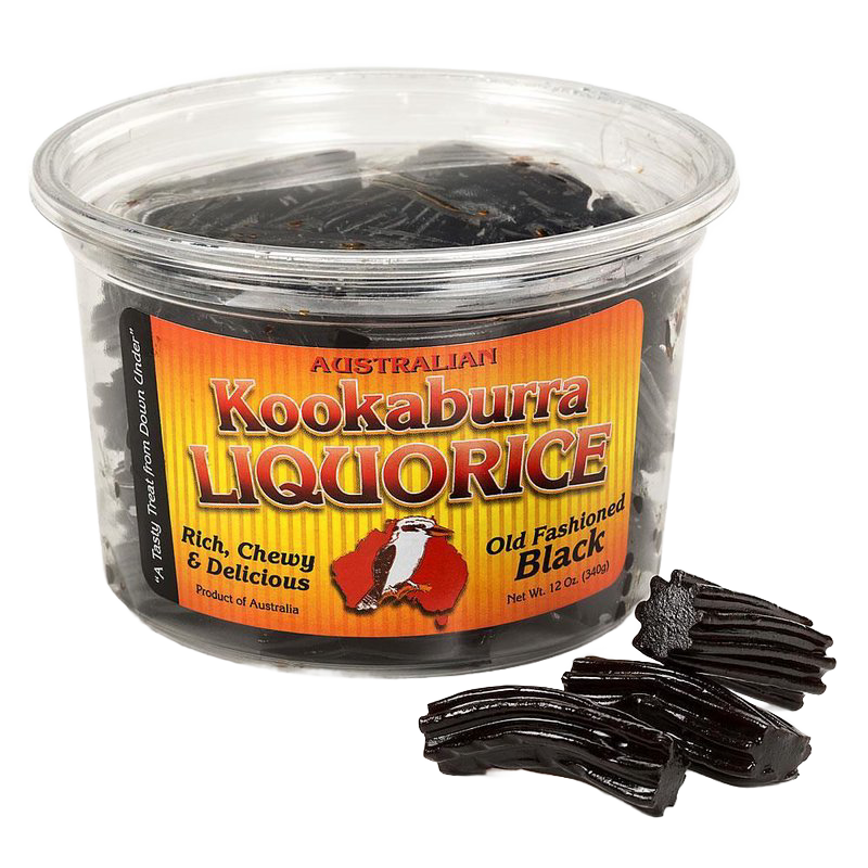 Clear plastic tub of handcrafted Australian black licorice with rich, chewy texture and several pieces of old-fashioned black licorice beside it, featured in Kitchen & Food, Snacks and Sweets, Candy, Best Sellers, and Promo Eligible collections.