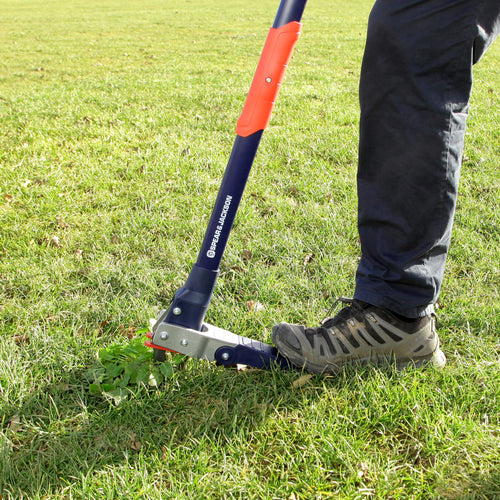 Person using a Spear & Jackson mechanical weed puller with rust-resistant stainless steel claws and long nylon fiberglass handle to remove weeds from a green lawn, featured in Farm, Garden & Tool, Garden Accessories, Lawncare, Best Sellers, and Promo Eligible collections.