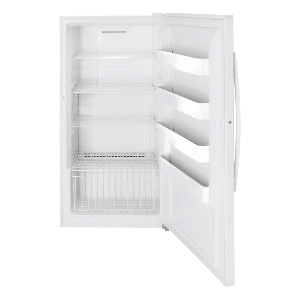 Open white upright freezer with multiple wire shelves and door bins, handcrafted with Amish made quality, featured in Appliances, USA Made, and Best Sellers collections.