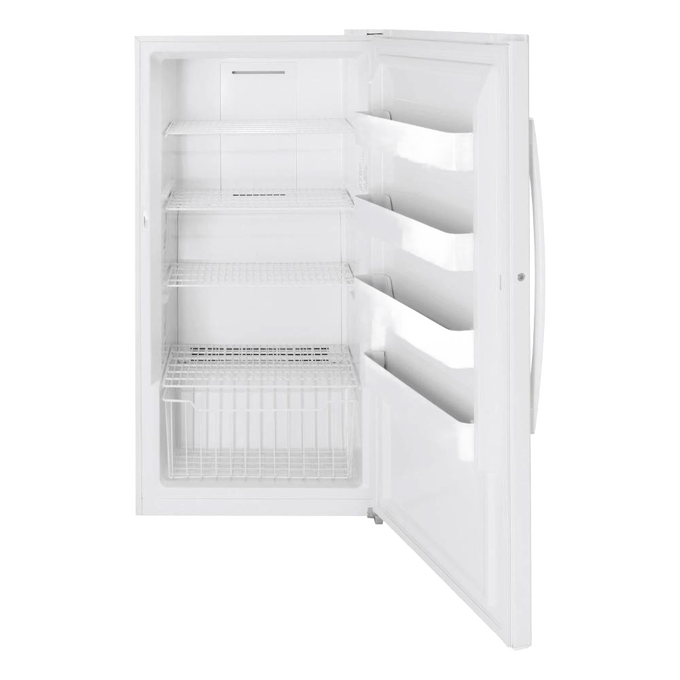 Open white upright freezer with multiple wire shelves and door bins, handcrafted with Amish made quality, featured in Appliances, USA Made, and Best Sellers collections.