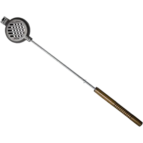 Handcrafted cast iron burger pie iron with slotted grilling surface and long metal handle featuring wooden grips, designed for outdoor cooking, camping, and garden tool collections.