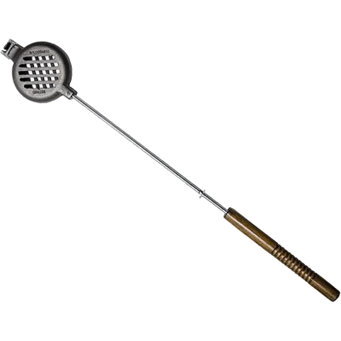 Handcrafted cast iron burger pie iron with slotted grilling surface and long metal handle featuring wooden grips, designed for outdoor cooking, camping, and garden tool collections.