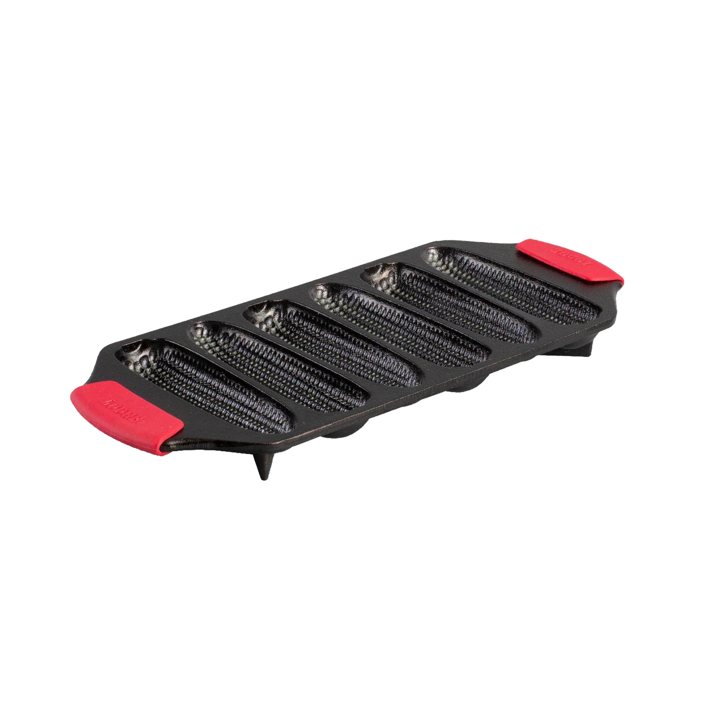 Seasoned cast iron cornstick pan with six elongated molds, dual red silicone handles, and angled feet for oven stability, handcrafted in USA, ideal for Kitchen & Food and Cast Iron cookware collections.