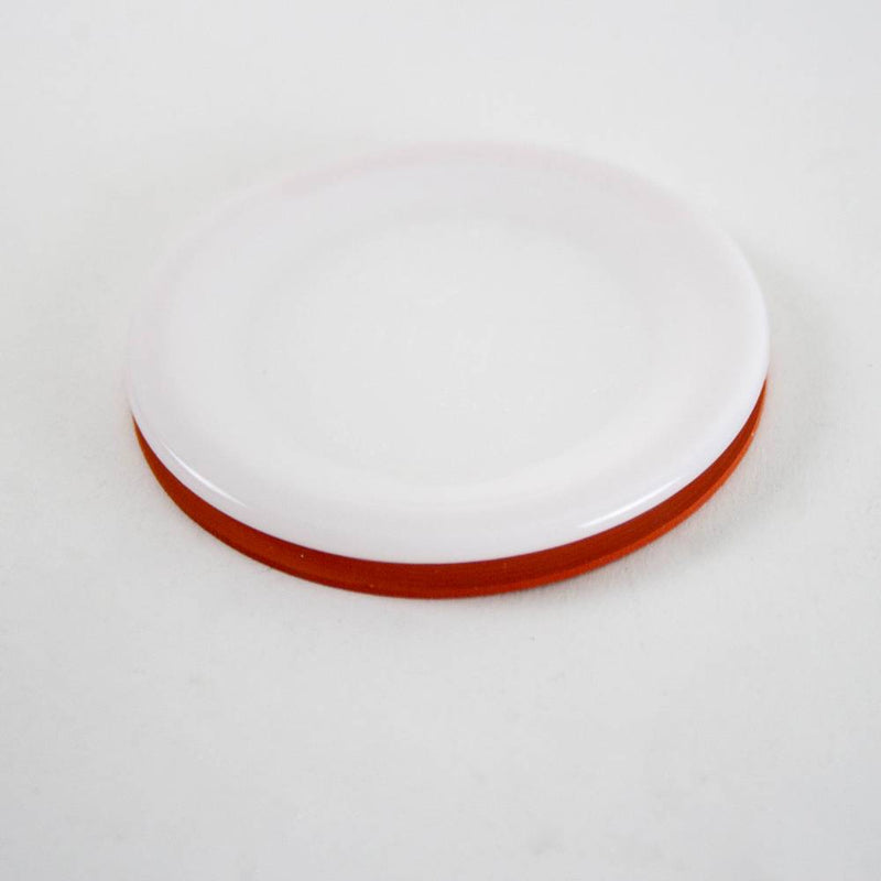 Handcrafted reusable white plastic canning lid with orange sealing ring for regular mouth jars, made in USA, featured in Kitchen & Food, Food Preservation, and Best Sellers collections.