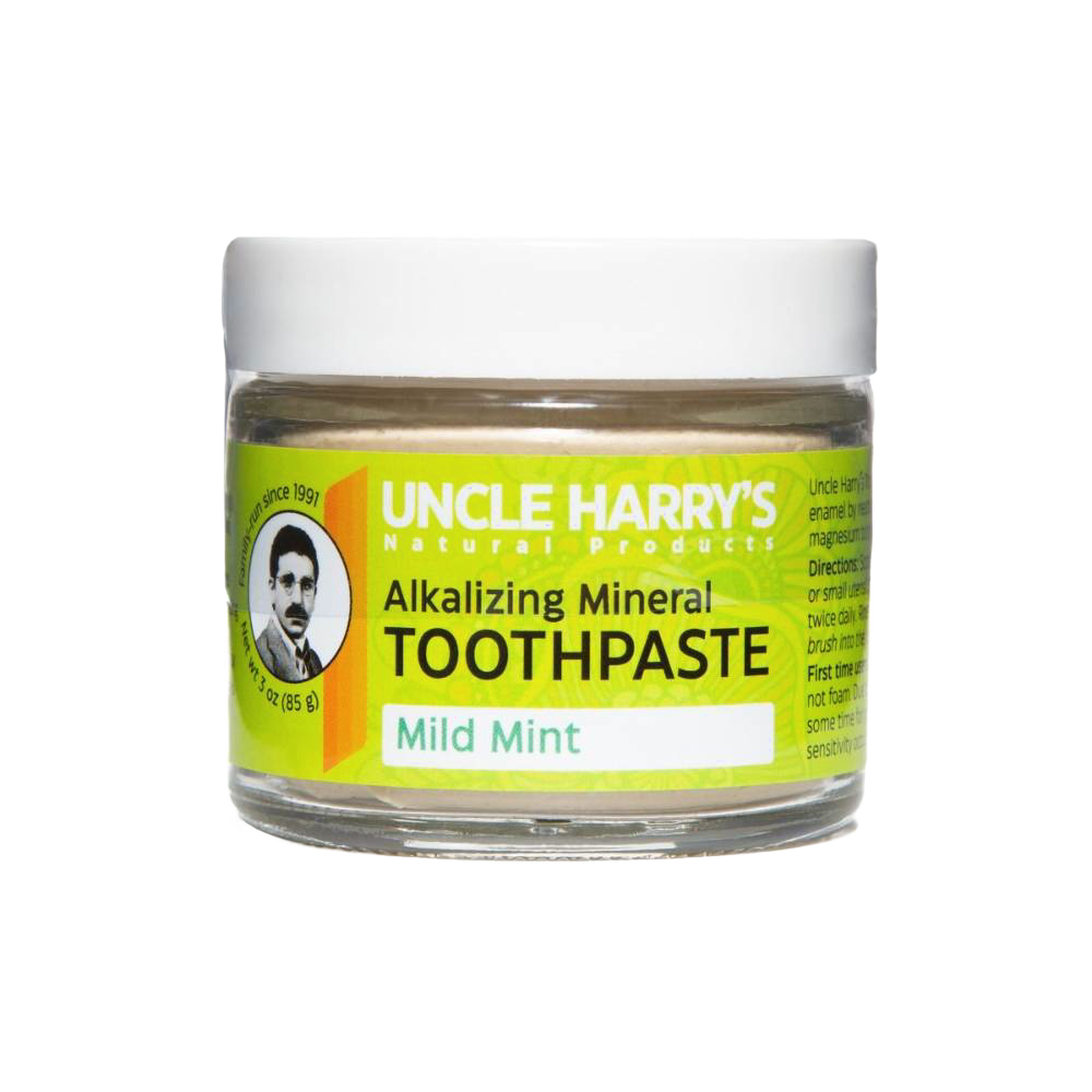 Glass jar of handcrafted all-natural alkalizing mint toothpaste with mineral clay and sea salt, featured in Health & Wellness, Grooming, and USA Made collections.