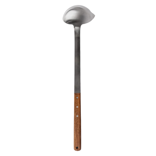 Large stainless steel soup ladle with wooden handle, designed for generous servings in outdoor and kitchen settings, ideal for Farm, Garden & Tool and Camping collections.