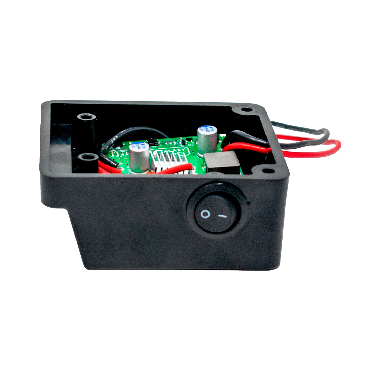 Black battery light adapter box with internal circuit board and wiring, featuring a power switch, designed for use with Milwaukee and DeWalt batteries in Lamps & Lighting, Battery, Solar, LED collections.