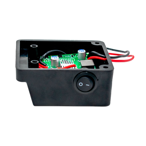 Black battery light adapter box with internal circuit board and wiring, featuring a power switch, designed for use with Milwaukee and DeWalt batteries in Lamps & Lighting, Battery, Solar, LED collections.