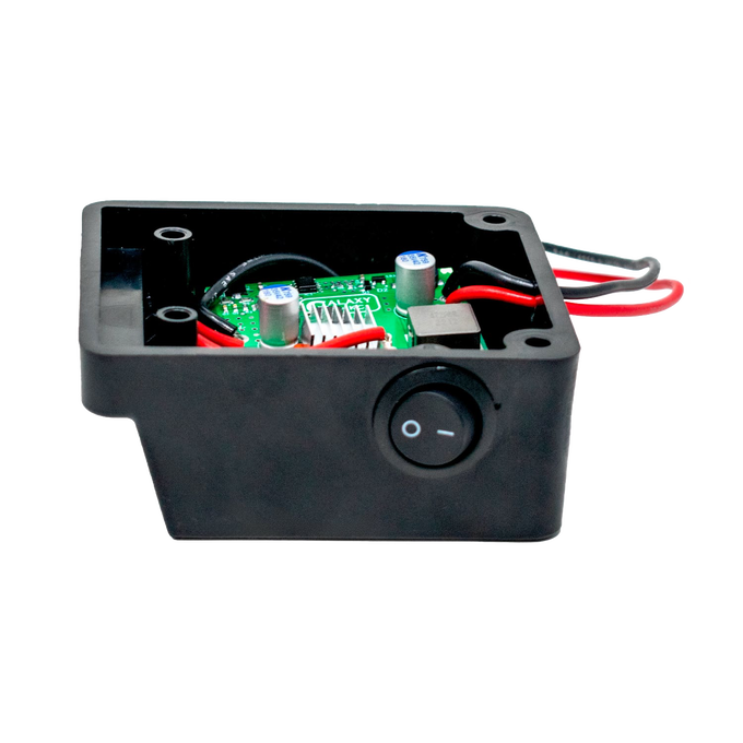 Black battery light adapter box with internal circuit board and wiring, featuring a power switch, designed for use with Milwaukee and DeWalt batteries in Lamps & Lighting, Battery, Solar, LED collections.