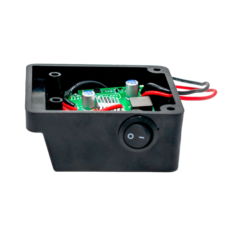 Black battery light adapter box with internal circuit board and wiring, featuring a power switch, designed for use with Milwaukee and DeWalt batteries in Lamps & Lighting, Battery, Solar, LED collections.