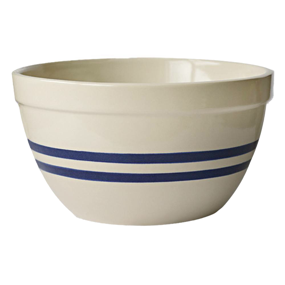 Handcrafted USA-made stoneware shoulder bowl with classic blue stripes, durable and versatile for mixing, baking, and serving, ideal for Kitchen & Food and Cookware collections.